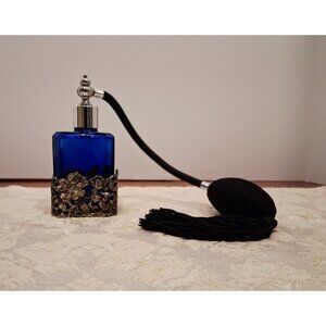 Cobalt Blue Perfume Bottle Atomizer Floral Fillagree Vintage